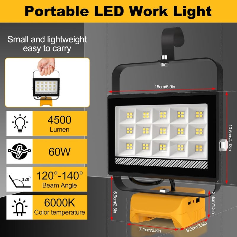 T-SUN 60W Battery Work Light,Cordless LED Light for Dewalt 18V/20V Battery,with USB & Type C Charging Port, Portable Work Light for Workshop, Emergency and Job Site - Image 3